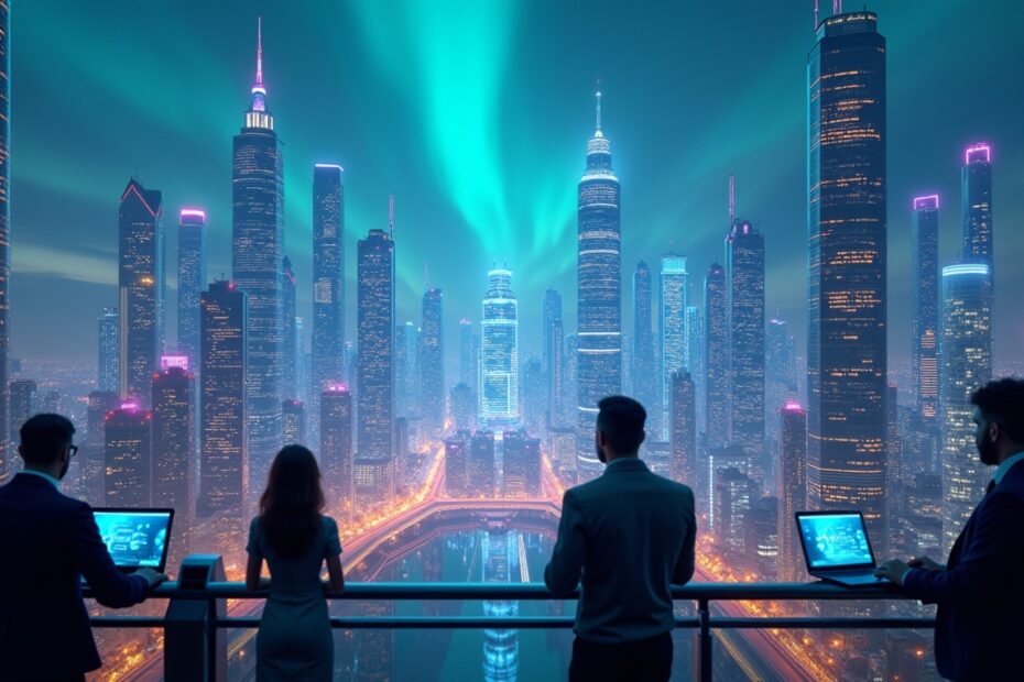 A futuristic cityscape showcasing AI technology infrastructure with engineers optimising systems.