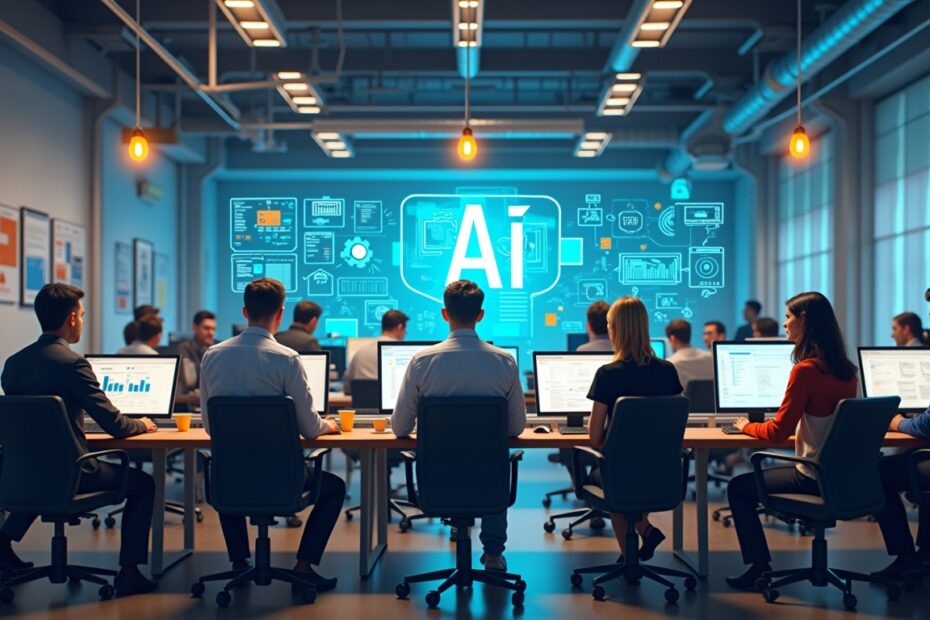 Diverse team working with AI analytics in a tech-savvy office