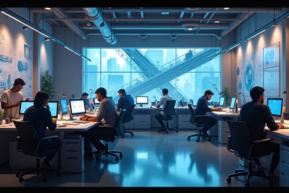 Digital art studio filled with designers and engineers working on 3D models using AI technology.