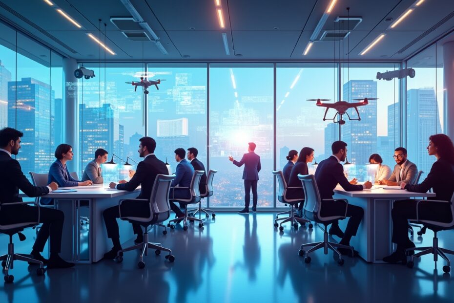 A futuristic office with diverse team members collaborating using AI technology.