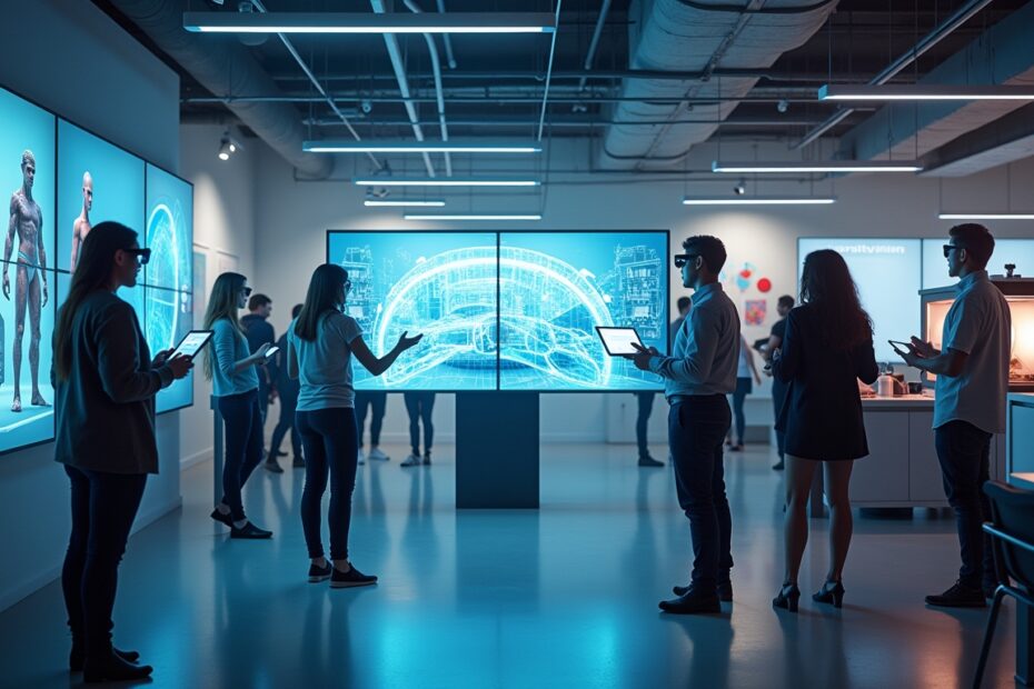 Futuristic design studio with diverse designers working on holographic 3D models.